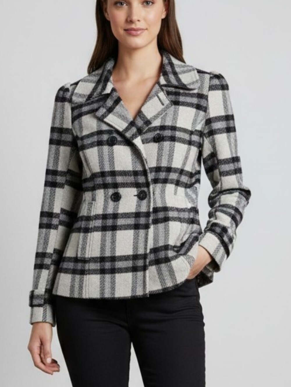 Sound & Matter Cream and Black Plaid Double-Breasted Peacoat